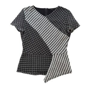 BCBGMAXAZRIA Women's M Black White Perforated Asymmetrical Party Cocktail Blouse